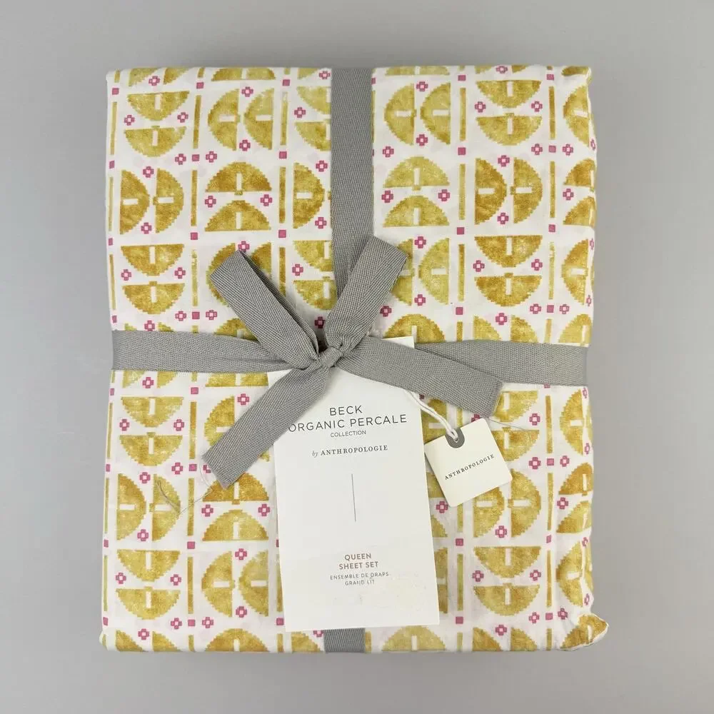 Anthropologie Beck Organic Percale Sheet Set QUEEN Yellow Geometric Bedding New